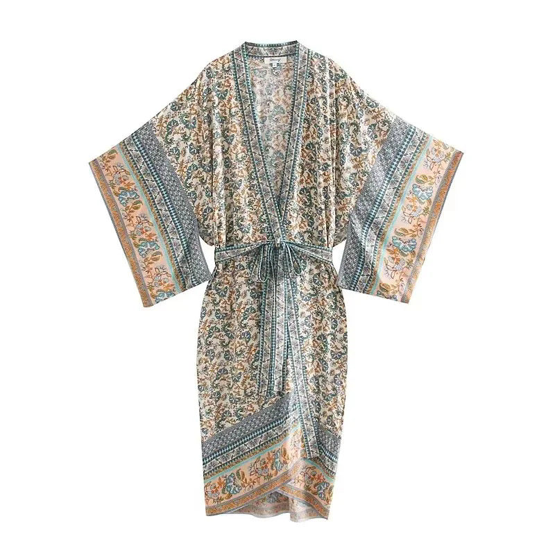 Women's Lightweight Boho Kimono Bathrobe with Belt and Floral Allover Print Mune Fashion
