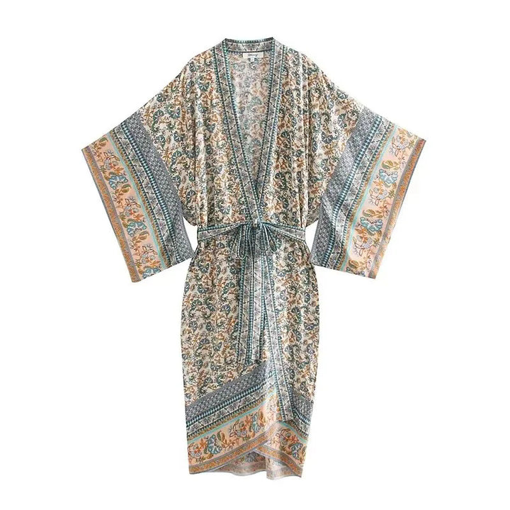 Women's Lightweight Boho Kimono Bathrobe with Belt and Floral Allover Print Mune Fashion