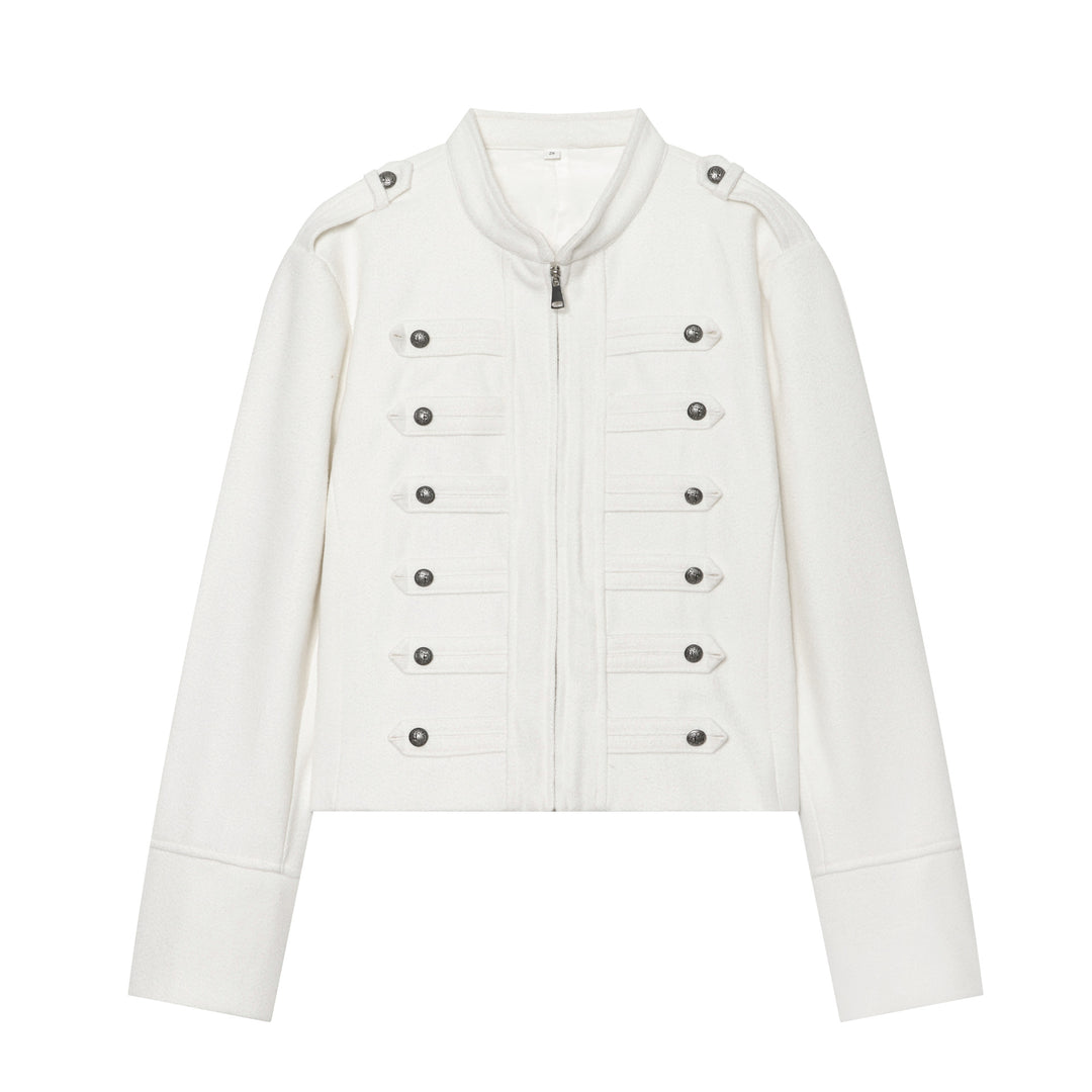 Women's military-inspired wool jacket with stand-up collar zipper and decorative button placket Mune Fashion