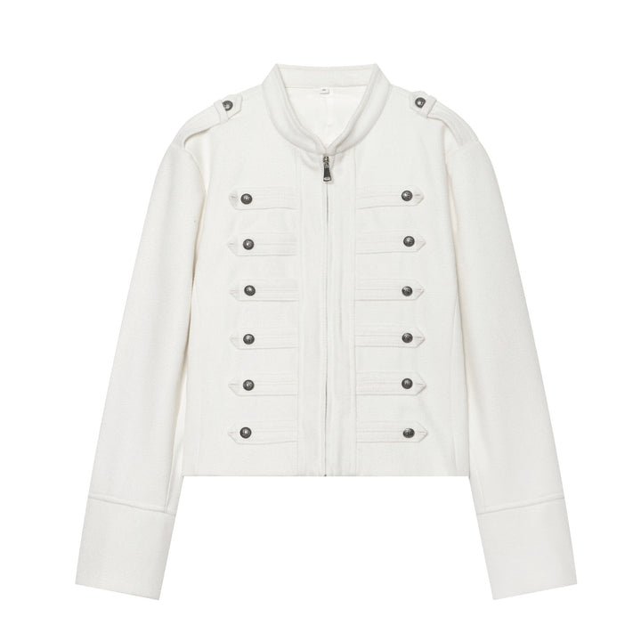Women's military-inspired wool jacket with stand-up collar zipper and decorative button placket Mune Fashion