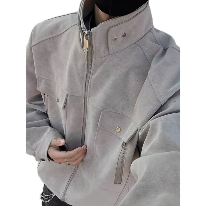 Men's Oversized Suede-Look Utility Jacket with High Stand Collar Mune Fashion