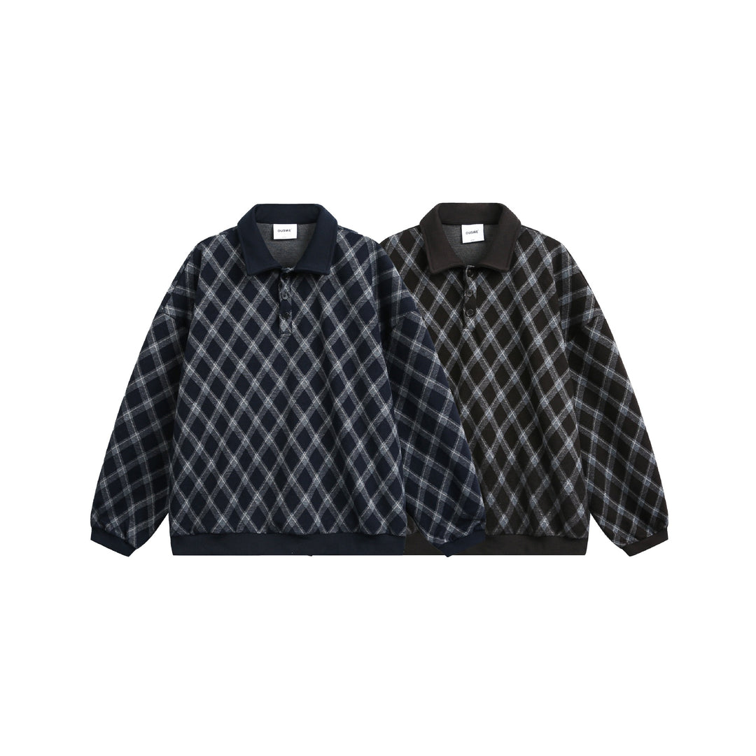Women Checked Oversize Polo Sweater with Half Button Placket and Ribbed Cuffs Mune Fashion