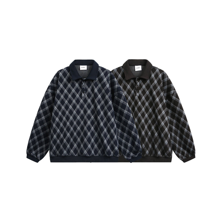 Women Checked Oversize Polo Sweater with Half Button Placket and Ribbed Cuffs Mune Fashion