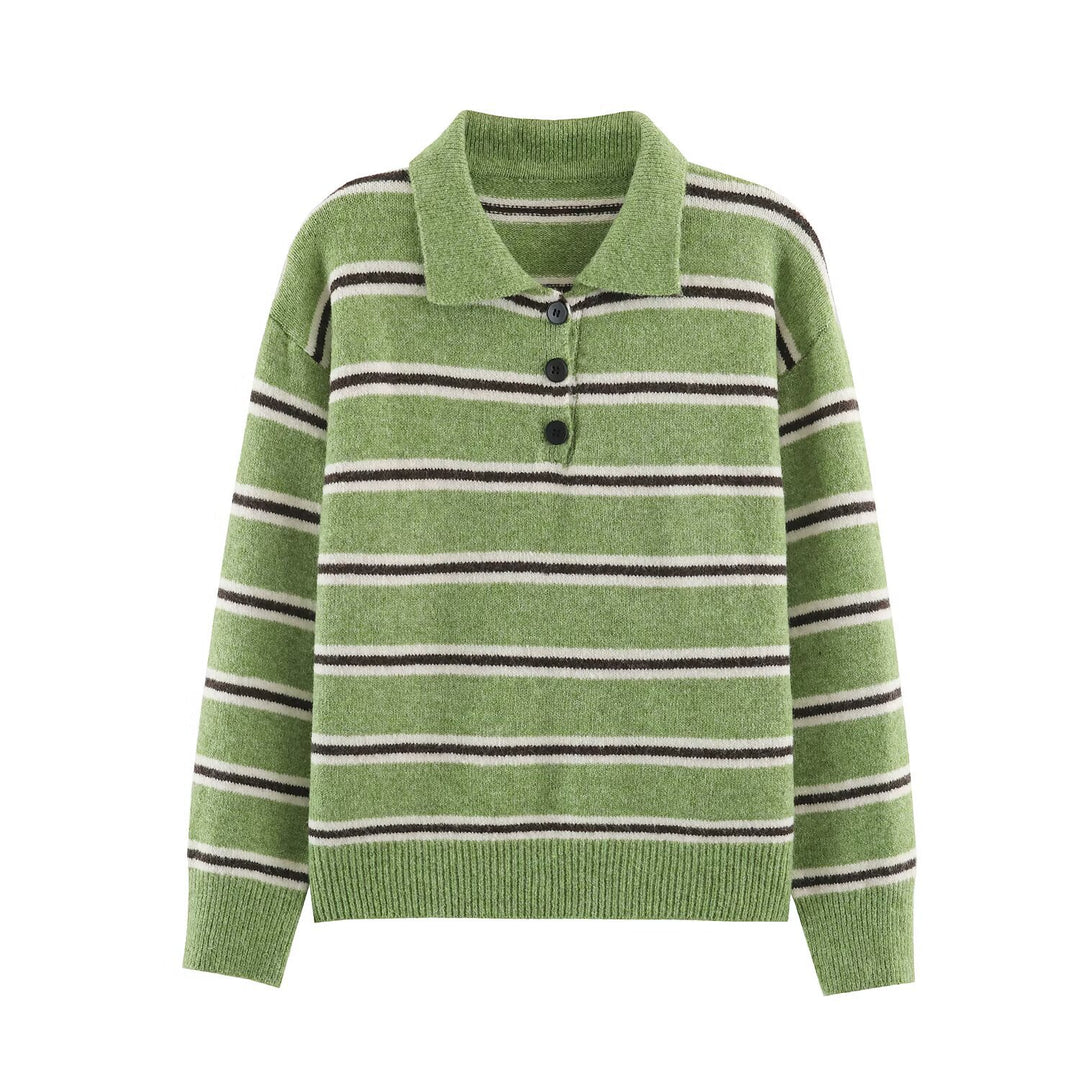 Women Oversized Sweater with Polo Collar and Breton Stripes Mune Fashion
