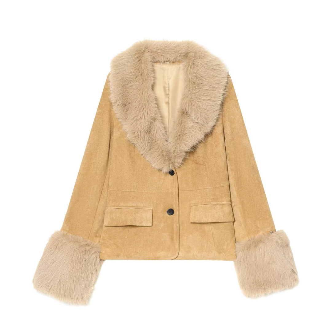 Women's short jacket made of faux suede with voluminous shawl collar and fur cuffs Mune Fashion