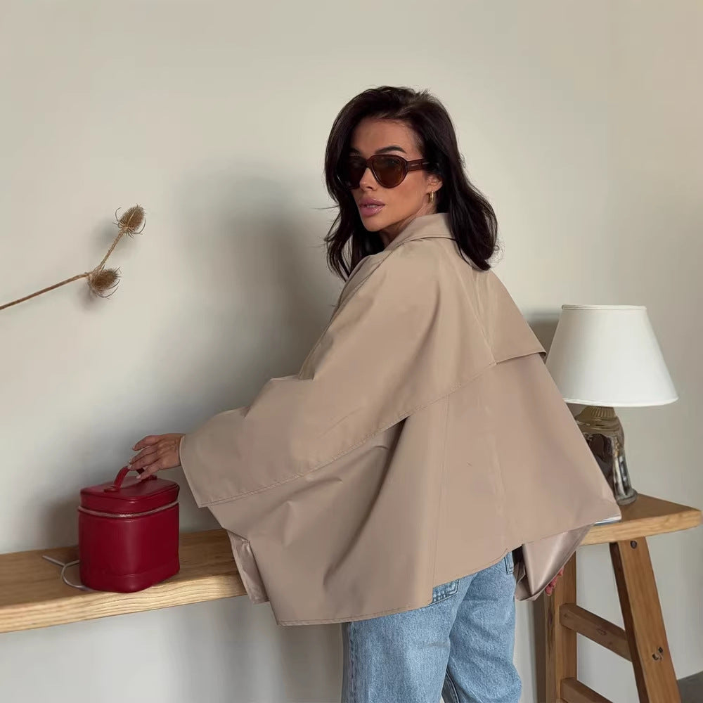 Women's Oversized Cropped Jacket with Voluminous Bat Sleeves and Shirt Collar Mune Fashion