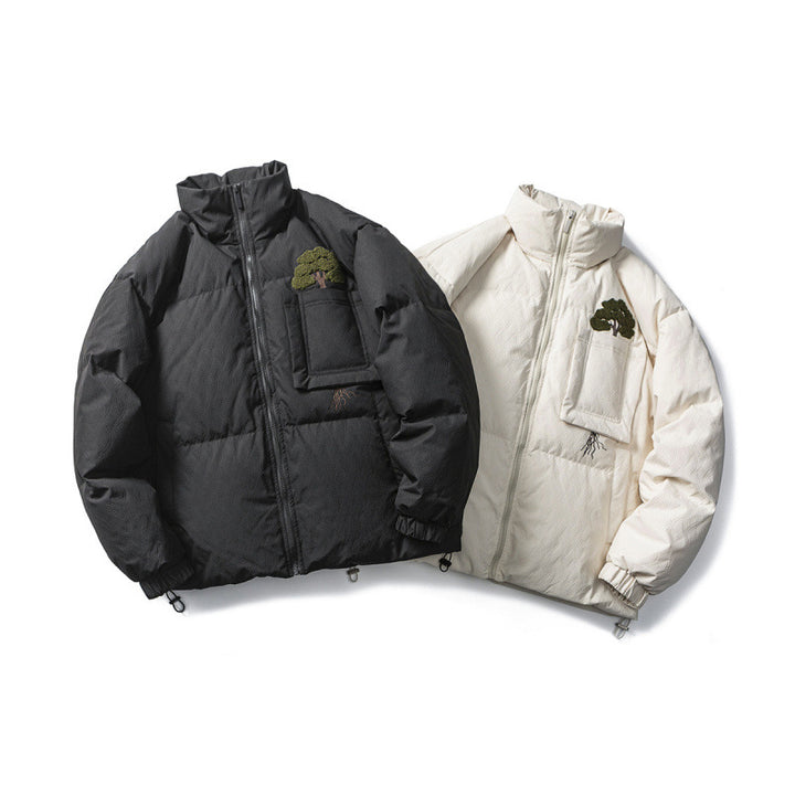 Unisex Kastig padded stand-up collar jacket with tree embroidery, chest flap pocket and drawstring hem Mune Fashion