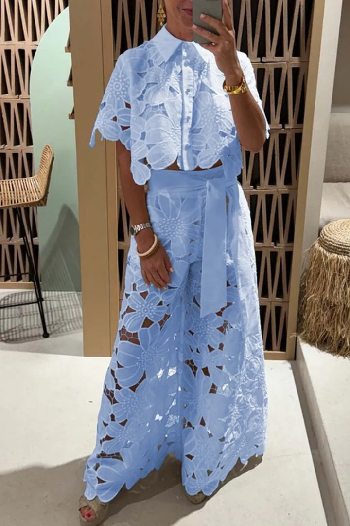 Ladies two-piece lace ensemble with crop top and wide palazzo pants Mune Fashion