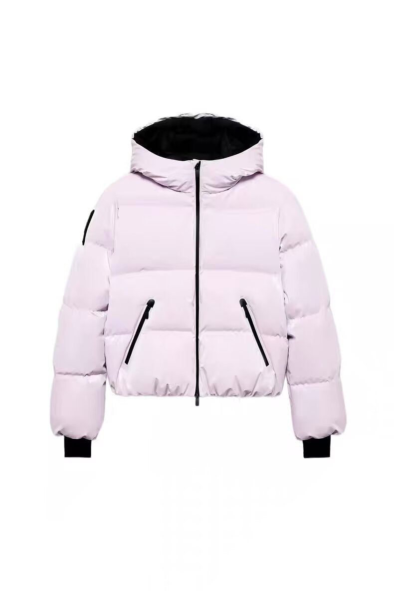 Women's short padded bomber-style hooded jacket with elastic hem and zippered pockets Mune Fashion