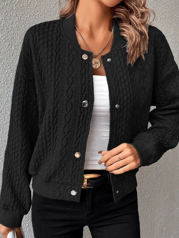 Women's Structured Knit Bomber Jacket with Cable Pattern and Snap Buttons Drune