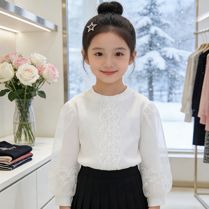 Girls elegant blouse with transparent puff sleeves and delicate floral embroidery Mune Fashion