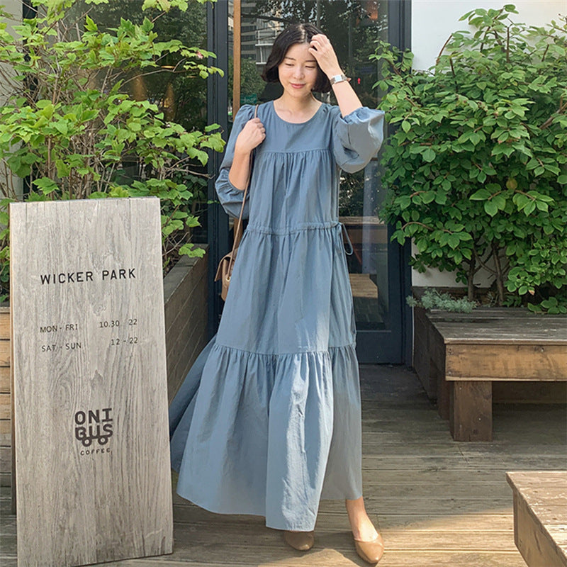 Women's Long Tiered Dress with Balloon Sleeves and Drawstring Mune Fashion
