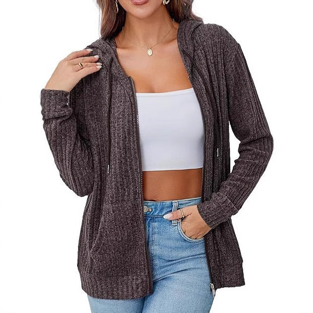 Women's knit hooded jacket with zipper, waffle texture and slip pockets Mune Fashion