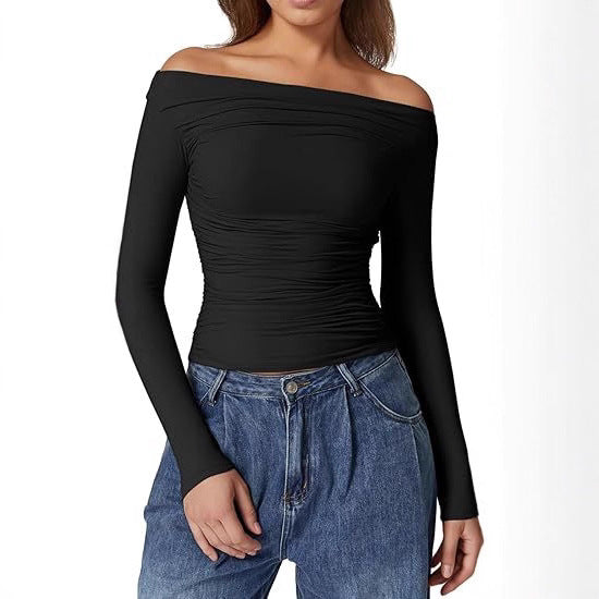Women's Off-Shoulder Tailored Stretch Long Sleeve with Gathering and Figure-Hugging Silhouette Mune Fashion