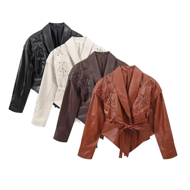 Ladies short jacket made of suede look with wrap belt, shawl collar and lacing detail Mune Fashion