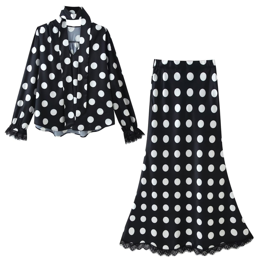 Women Two-Piece Dotted Silk Blouse and Midi Skirt Set with Shawl Collar Mune Fashion