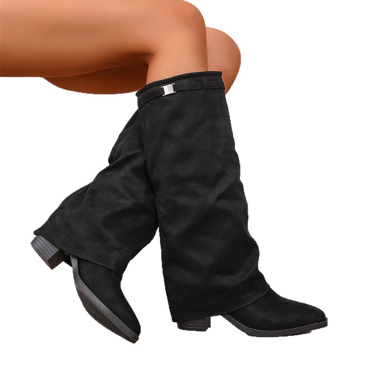 Women knee-length slouch boots with pointed toe and low block heel Mune Fashion