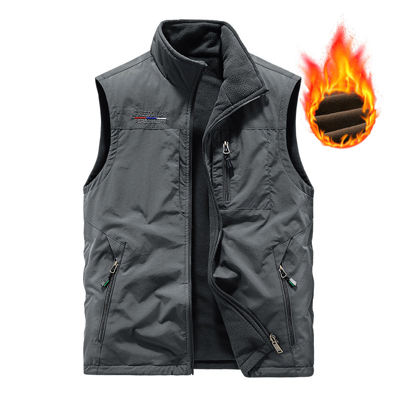 Men's padded thermo outdoor vest with soft fleece lining, high stand-up collar and multiple zip pockets.