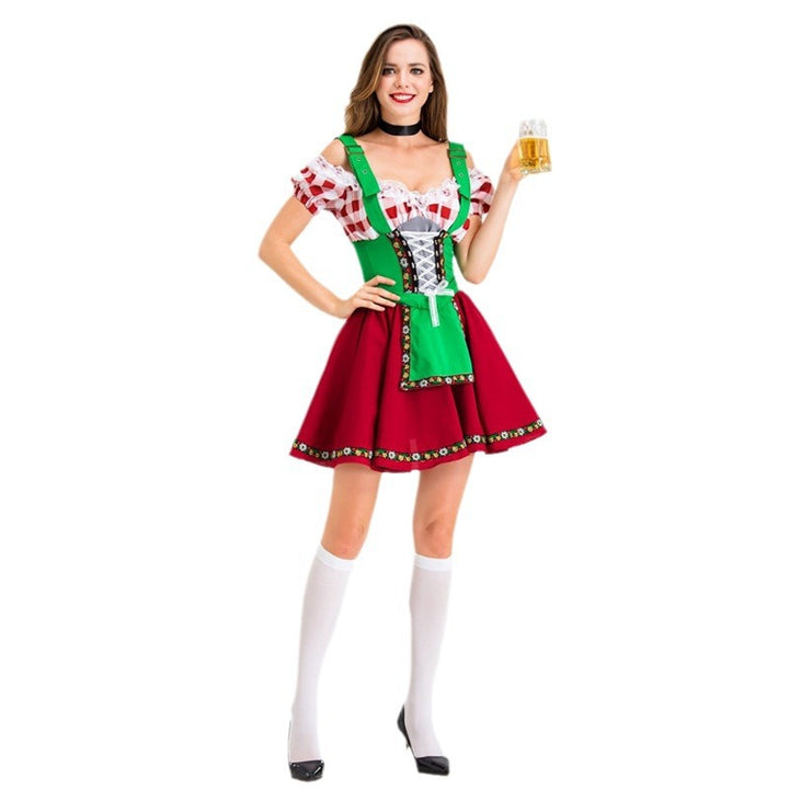 Ladies' nan party dirndl mini dress in Oktoberfest style with adjustable straps, lace trim, and embroidered apron application Mune Fashion
