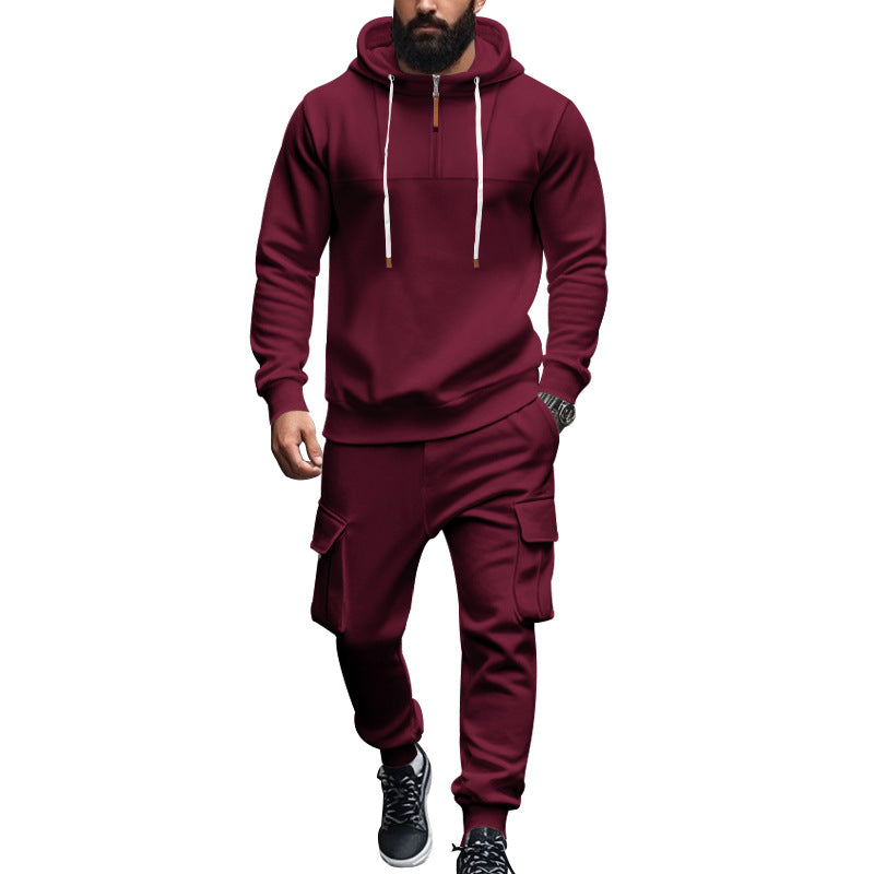 Men's cargo-style hooded sweatshirt and jogger set with short chest zipper and flap pockets Mune Fashion
