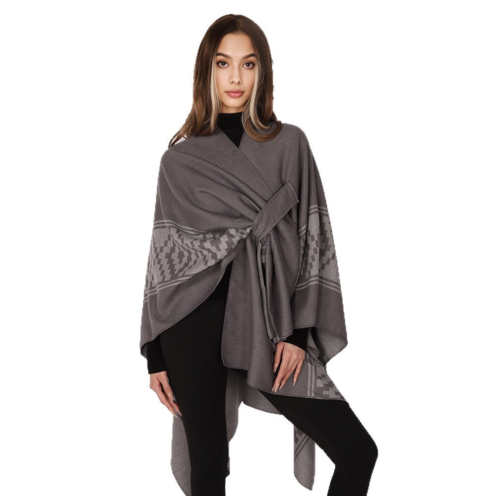 Women's Jacquard Ruana with TIE BELT and geometric pattern Mune Fashion