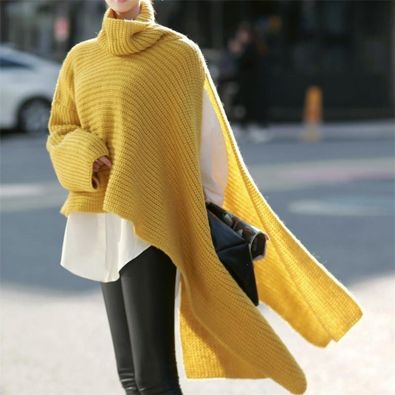 Women Asymmetrical Roll Neck Poncho with Side Cape Detail Mune Fashion