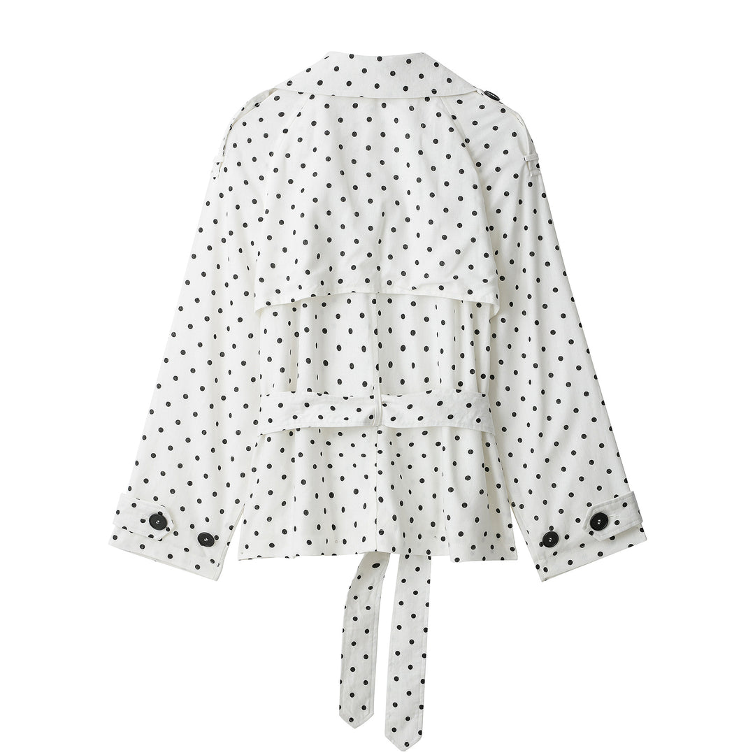 Women Polka Dot Cropped Trench Coat with Waist Belt and Double-Breasted Button Placket Mune Fashion