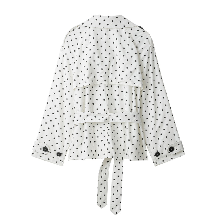 Women Polka Dot Cropped Trench Coat with Waist Belt and Double-Breasted Button Placket Mune Fashion