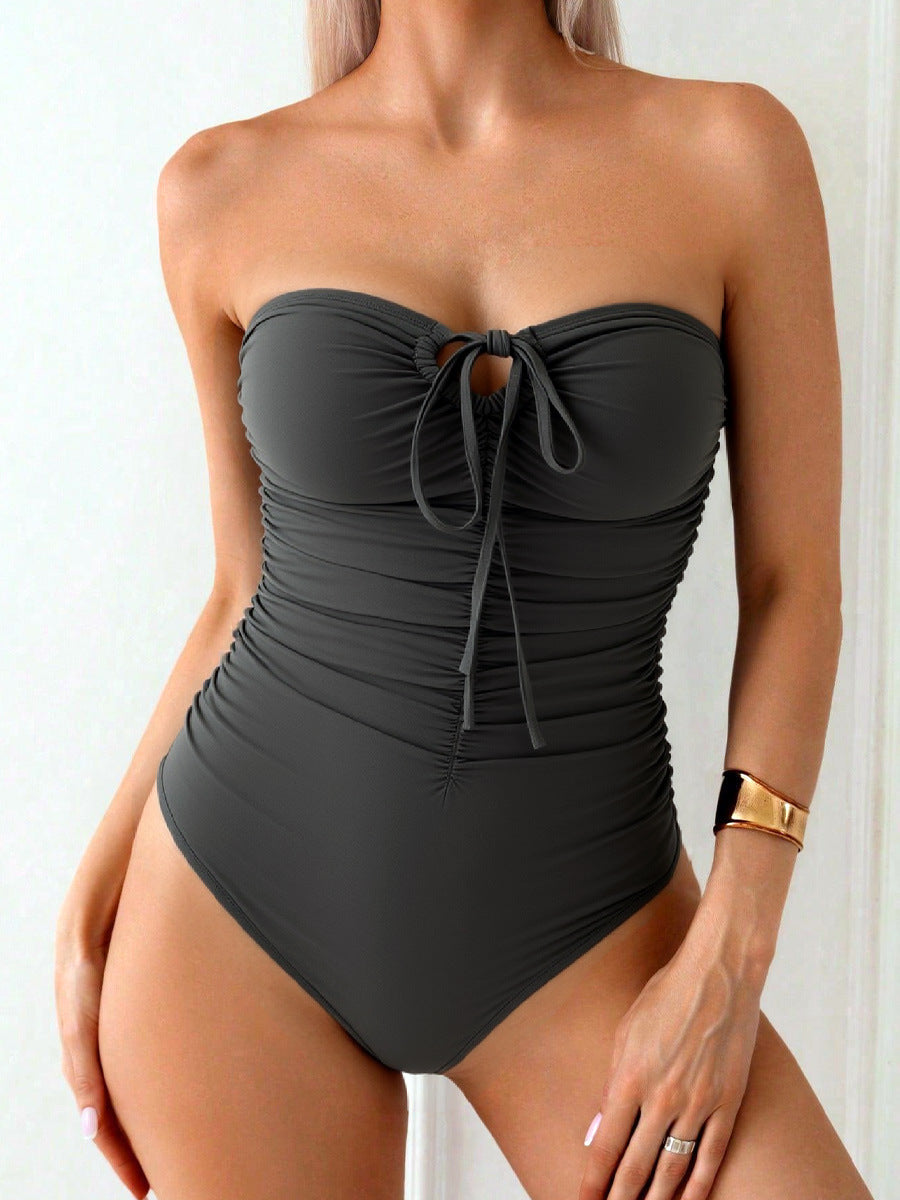 Women's Bandeau Swimsuit with Ruching and Fashionable Slit Mune Fashion