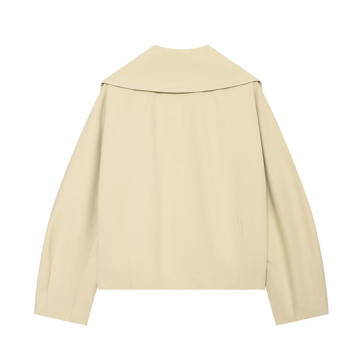 Women's Cropped Utility Blouse with Oversized Lapel Collar and Horn Button Front Drune