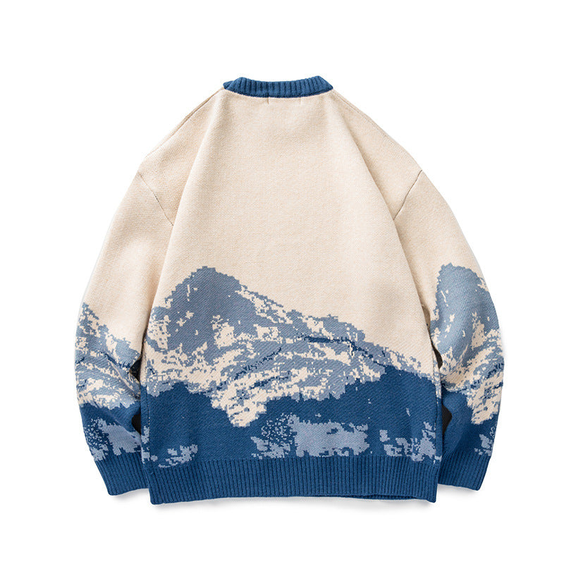 Unisex Oversized knit sweater with mountain jacquard and ribbed round neckline Mune Fashion