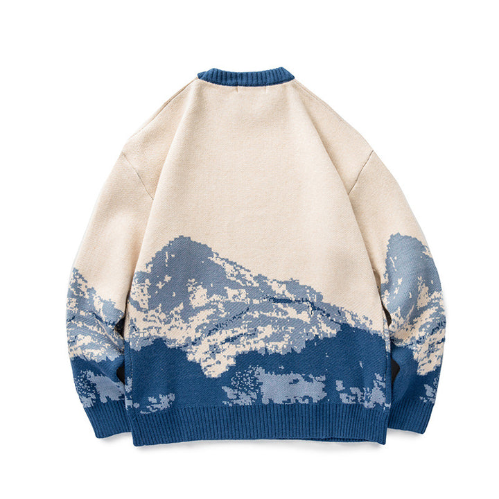 Unisex Oversized knit sweater with mountain jacquard and ribbed round neckline Mune Fashion