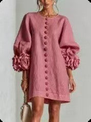 Women’s midi dress with voluminous puff sleeves, 3D flower button placket and linen texture Mune Fashion