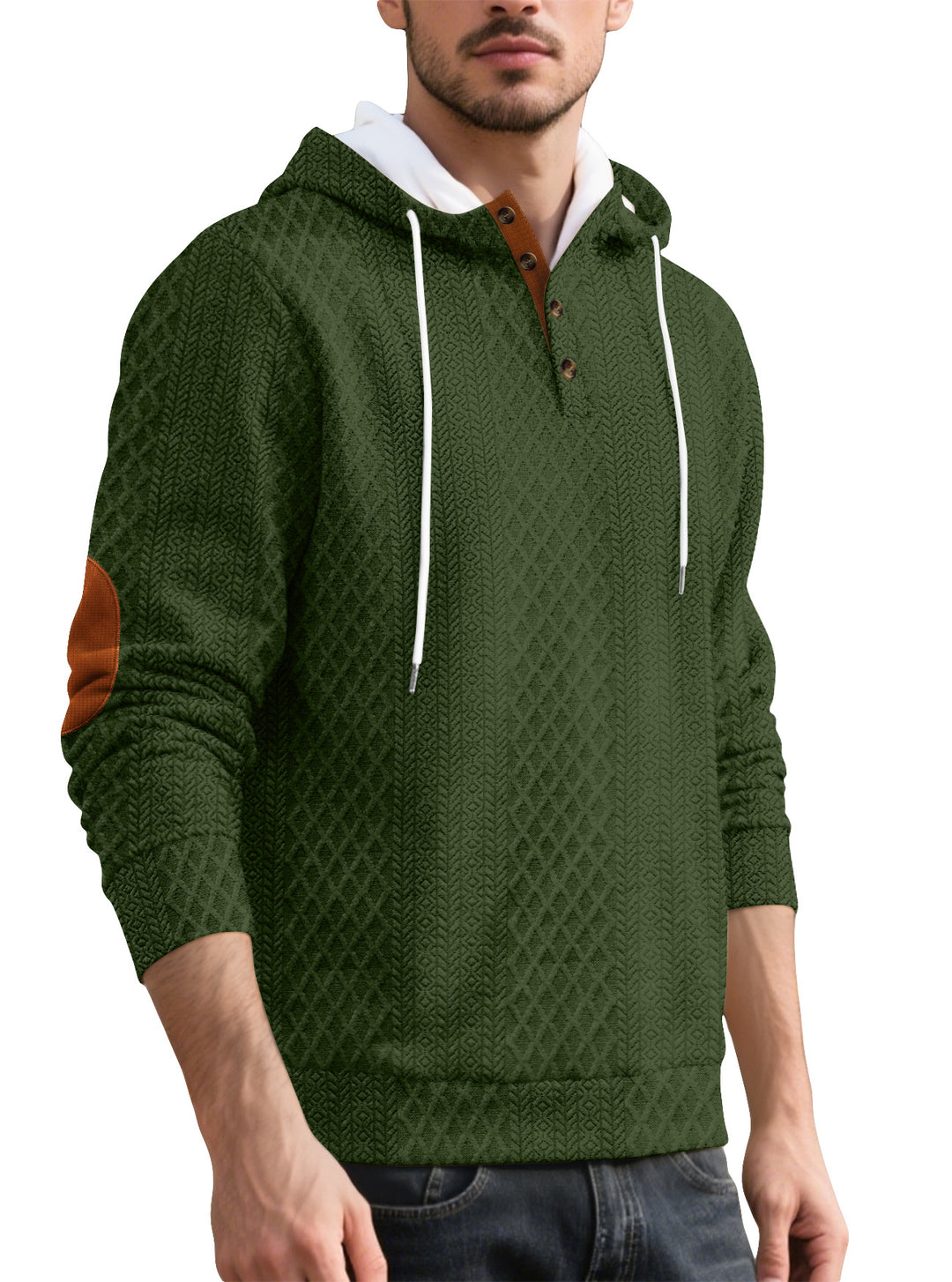 Men's nan diamond structure hoodie with short button placket, quilted hood inner edge, and suede elbow patch Mune Fashion