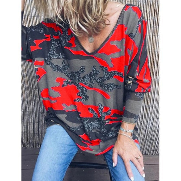 Women's Oversize V-Neck Long Shirt with Camouflage Print and Glitter Trim Mune Fashion