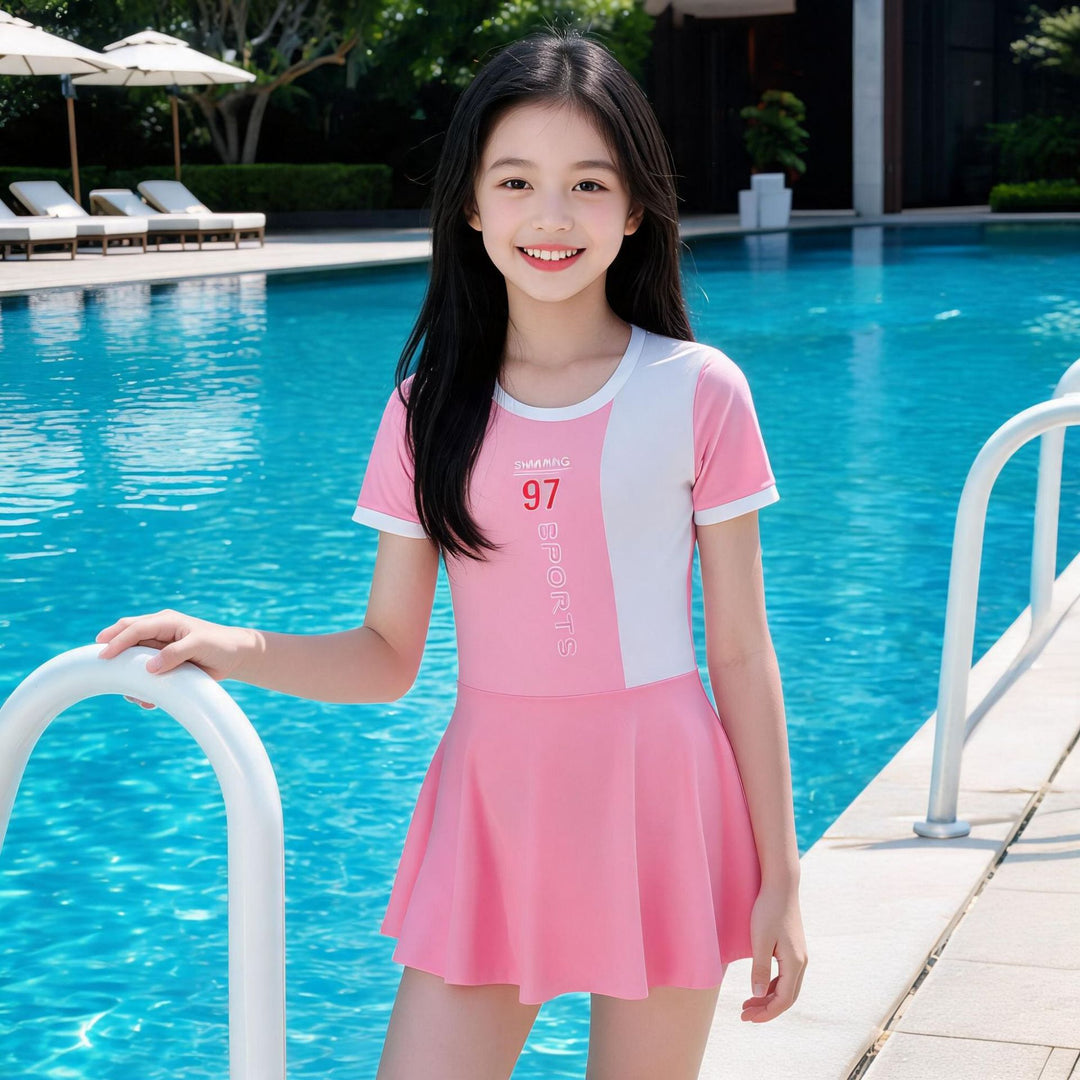 Girls Sporty Swimsuit with Neoprene Skirt and UV Protection Mune Fashion