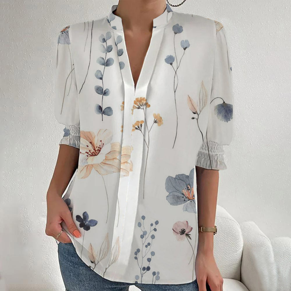 Women Floral Print Tunic Blouse with Stand Collar, Slit V-Placket and Gathered 3/4 Sleeves Mune Fashion