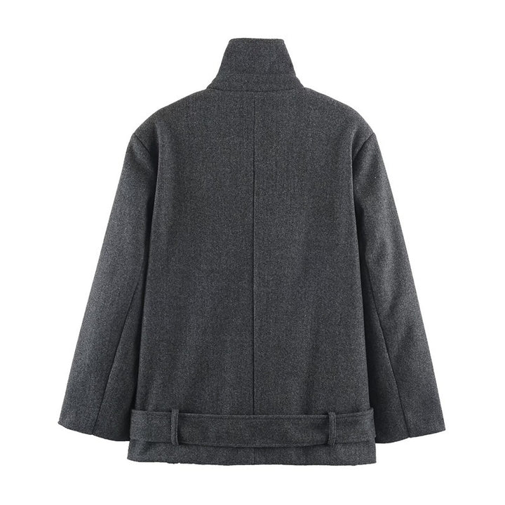 Men's short double-breasted wool coat with stand collar and waist belt Mune Fashion