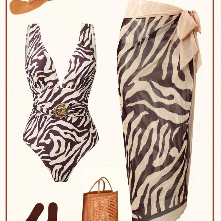 Women Elegant Beachwear Suit with Deep V-Neck and Belt Mune Fashion