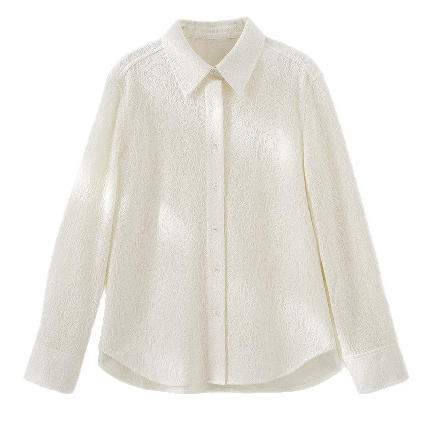 Ladies Textured Oversized Shirt Blouse with Shirt Collar and Cuffs Mune Fashion