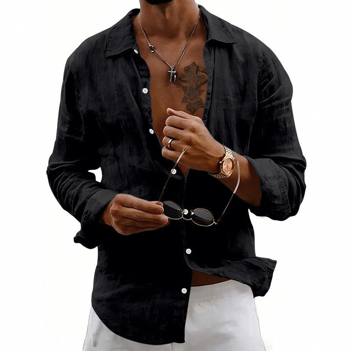 Men's airy relaxed linen shirt with open lapel, rounded hem, and roll-up sleeves Mune Fashion