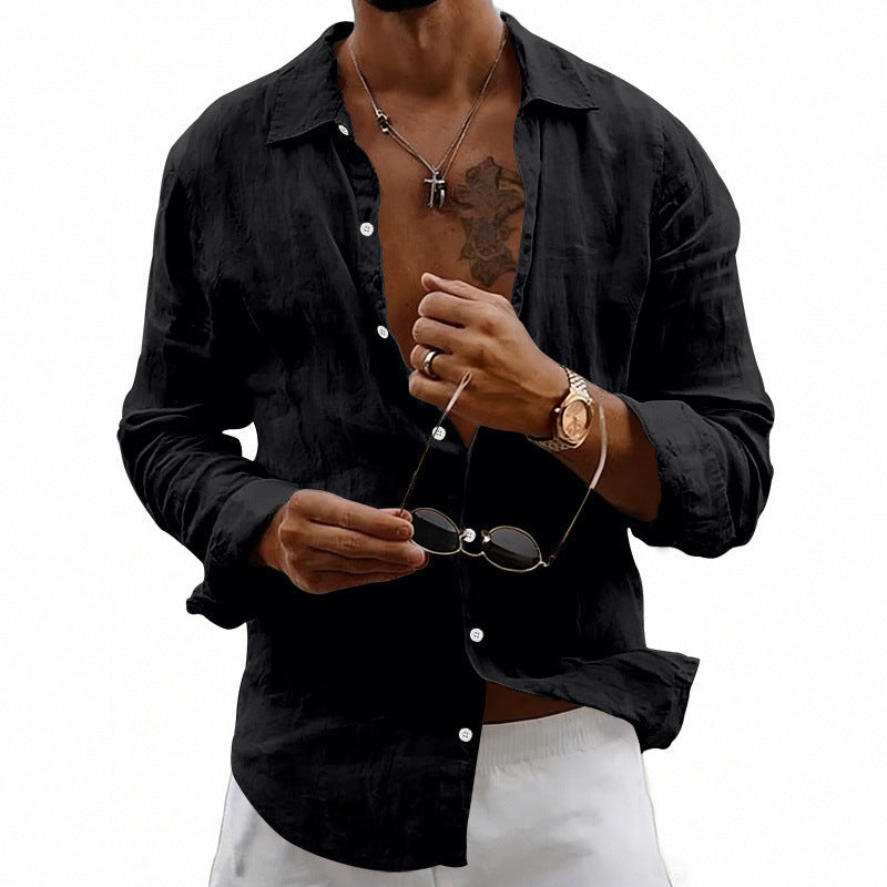 Men's airy relaxed linen shirt with open lapel, rounded hem, and roll-up sleeves Mune Fashion