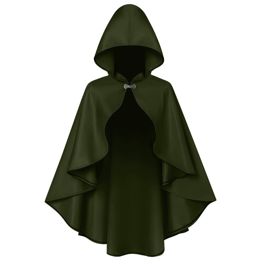 Unisex longer hooded cloak made of water-repellent polyester with a full round cut and drawstring