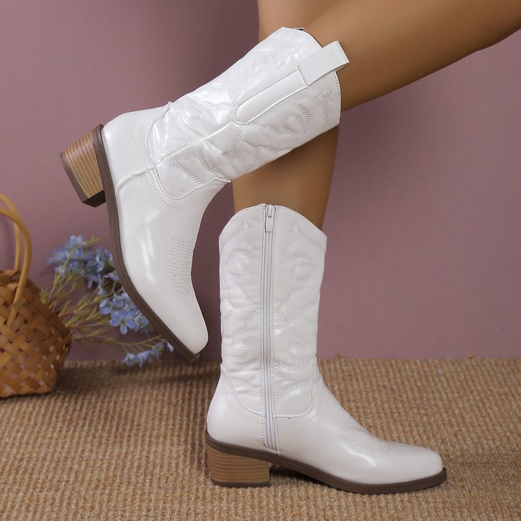 Women nan cowboy boots with mid-high block heel and side zipper Mune Fashion