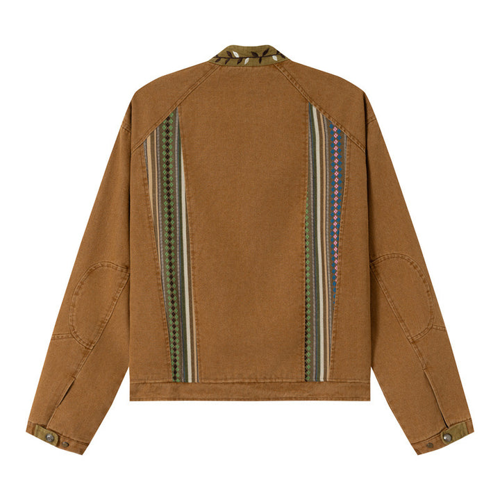 Women's Short Canvas Blouson with Woven Ethno Striped Front and Flap Pockets Mune Fashion