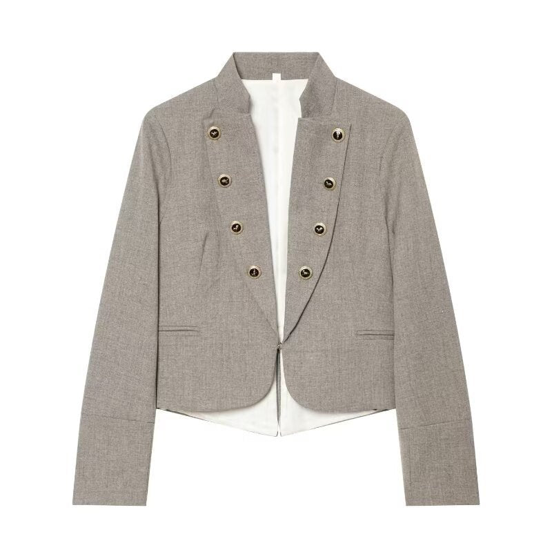 Ladies short blazer in military style with stand-up collar, double-breasted decorative button placket and tailored silhouette Mune Fashion