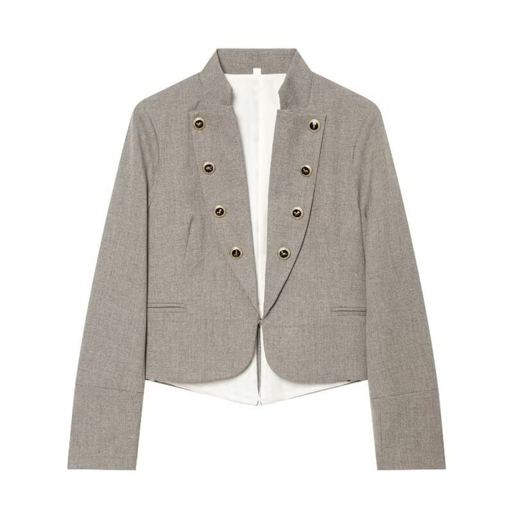 Ladies short blazer in military style with stand-up collar, double-breasted decorative button placket and tailored silhouette Mune Fashion