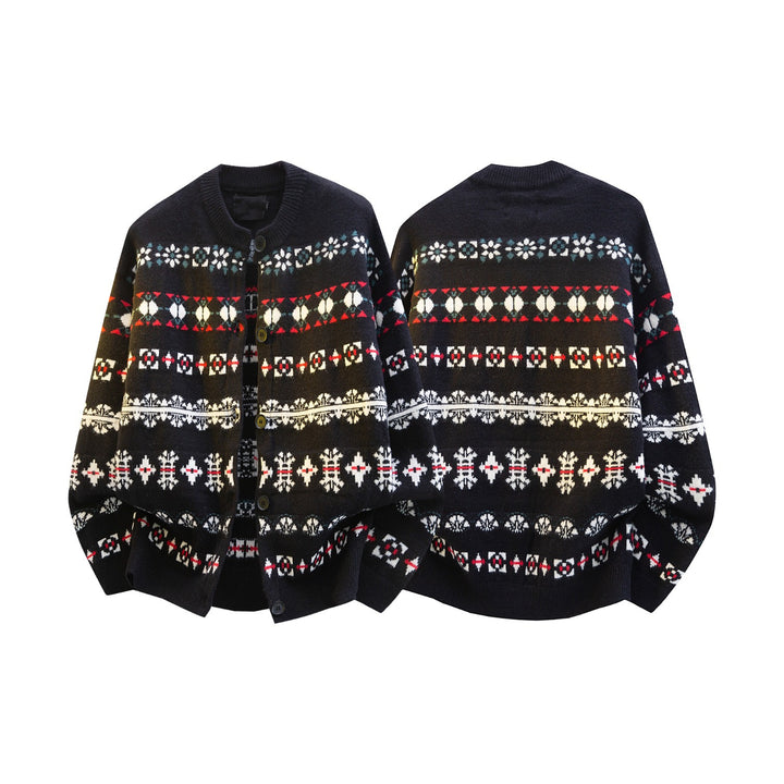 Women's Norwegian Pattern Knit Cardigan with Button Placket and Oversized Cut Mune Fashion