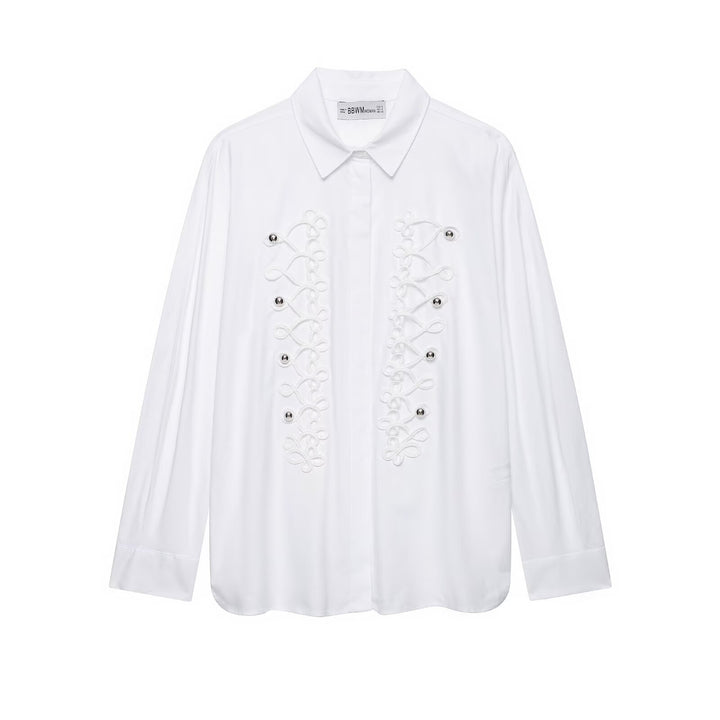 Women's shirt blouse with ornamental frog decoration and concealed button placket Mune Fashion