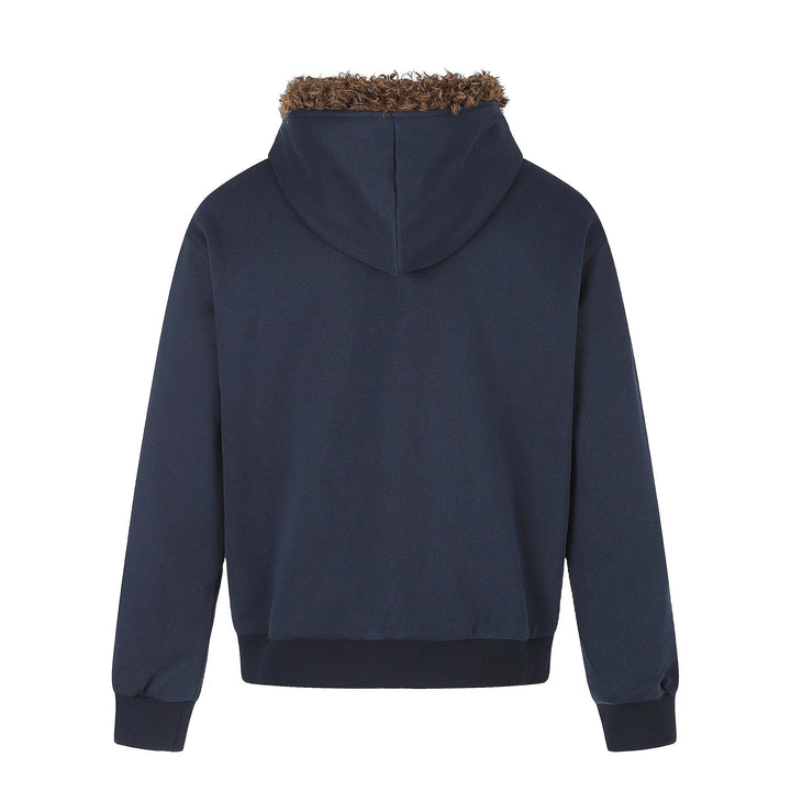 Men's hoodie jacket with faux fur trim, zipper, and vintage flag print Mune Fashion